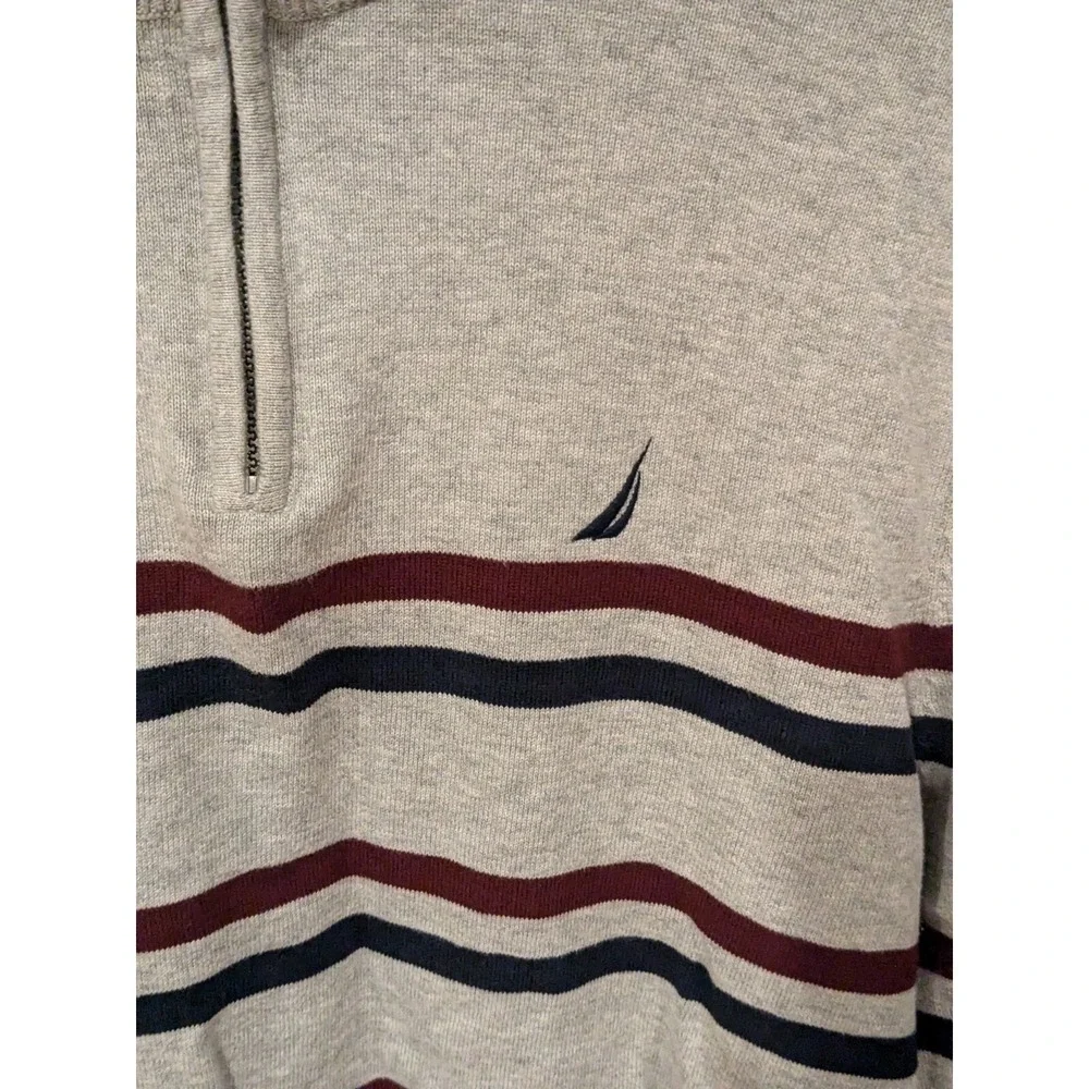 Nautica Men's L Gray Striped‎ Quarter Zip Pullover Sweater Logo Preppy Classic